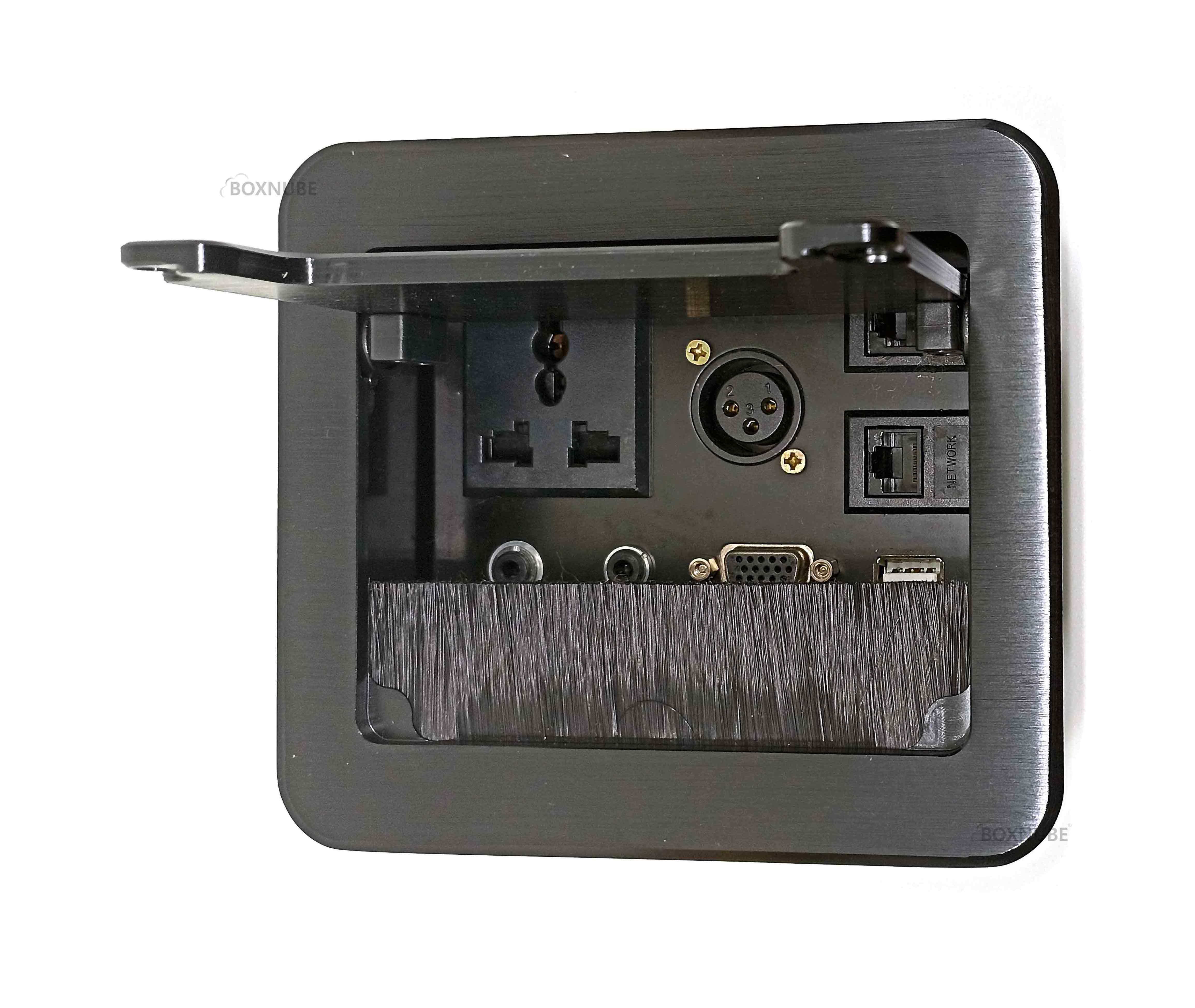 BOXNUBE Fliptop Box Cable Cubby Extension Board with Universal Power Socket, XLR, LAN, Telephone (CAT3 / RJ11), HDMI , VGA , Aux, USB Ports (Black) BOXNUBE Fliptop Box Cable Cubby Extension Board with Universal Power Socket, XLR, LAN, Telephone (CAT3 / RJ11), HDMI , VGA , Aux, USB Ports (Black)